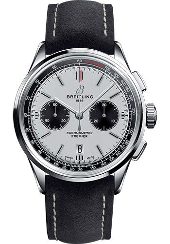 Breitling Premier B01 Chronograph Watch - 42mm Steel Case - Silver Dial - Anthracite Nubuck Strap - AB0118221G1X1 - Luxury Time NYC