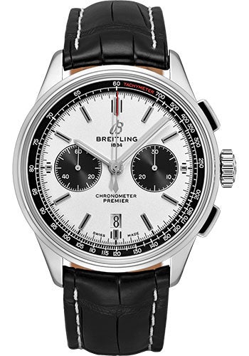 Breitling Premier B01 Chronograph Watch - 42mm Steel Case - Silver Dial - Black Croco Strap - AB0118221G1P1 - Luxury Time NYC