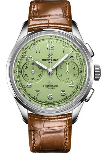 Breitling Premier B09 Chronograph 40 Watch - Stainless Steel - Pistachio Green Dial - Gold Brown Alligator Leather Strap - Folding Buckle - AB0930D31L1P1 - Luxury Time NYC