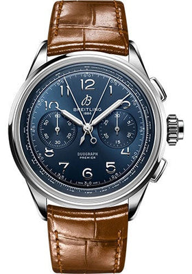 Breitling Premier B15 Duograph 42 Watch - Stainless Steel - Blue Dial - Gold Brown Alligator Leather Strap - Folding Buckle - AB1510171C1P1 - Luxury Time NYC