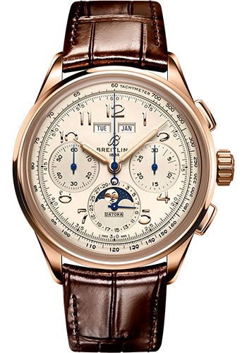 Breitling Premier B25 Datora 42 Watch - 18K Red Gold - Silver Dial - Brown Alligator Leather Strap - Folding Buckle - RB2510371G1P1 - Luxury Time NYC