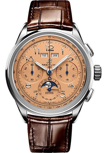 Breitling Premier B25 Datora 42 Watch - Stainless Steel - Copper Dial - Brown Alligator Leather Strap - Folding Buckle - AB2510201K1P1 - Luxury Time NYC