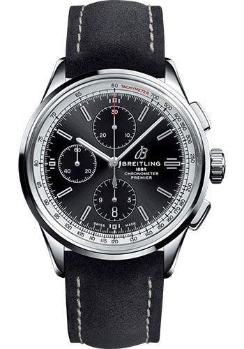 Breitling Premier Chronograph Watch - 42mm Steel Case - Black Dial - Anthracite Nubuck Strap - A13315351B1X1 - Luxury Time NYC