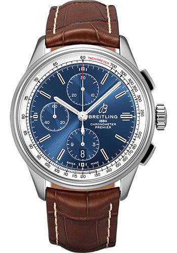 Breitling Premier Chronograph Watch - 42mm Steel Case - Blue Dial - Brown Croco Strap - A13315351C1P1 - Luxury Time NYC