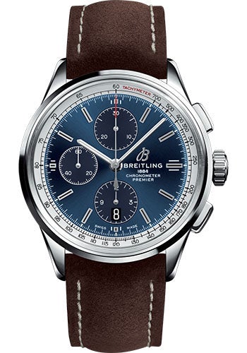 Breitling Premier Chronograph Watch - 42mm Steel Case - Blue Dial - Brown Nubuck Strap - A13315351C1X1 - Luxury Time NYC