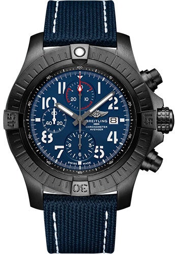 Breitling Super Avenger Chronograph 48 Night Mission Watch - DLC-Coated Titanium - Blue Dial - Blue Calfskin Leather Strap - Folding Buckle - V13375101C1X2 - Luxury Time NYC