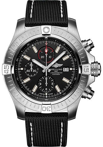 Breitling Super Avenger Chronograph 48 Watch - Stainless Steel - Black Dial - Anthracite Calfskin Leather Strap - Folding Buckle - A13375101B1X2 - Luxury Time NYC