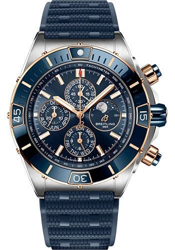 Breitling Super Chronomat 44 Four-Year Calendar Watch - Steel and 18K Red Gold - Blue Dial - Blue Rubber Strap - Folding Buckle - U19320161C1S1 - Luxury Time NYC