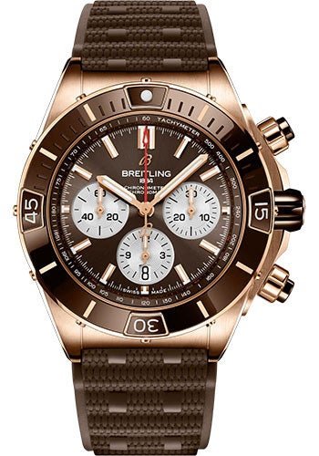 Breitling Super Chronomat B01 44 Watch - 18K Red Gold - Brown Dial - Brown Rubber Strap - Folding Buckle - RB0136E31Q1S1 - Luxury Time NYC