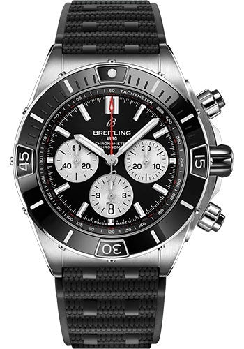 Breitling Super Chronomat B01 44 Watch - Stainless Steel - Black Dial - Black Rubber Strap - Folding Buckle - AB0136251B1S1 - Luxury Time NYC