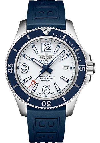 Breitling Superocean Automatic 42 Watch - Stainless Steel - White Dial - Blue Rubber Strap - Folding Buckle - A17366D81A1S2 - Luxury Time NYC