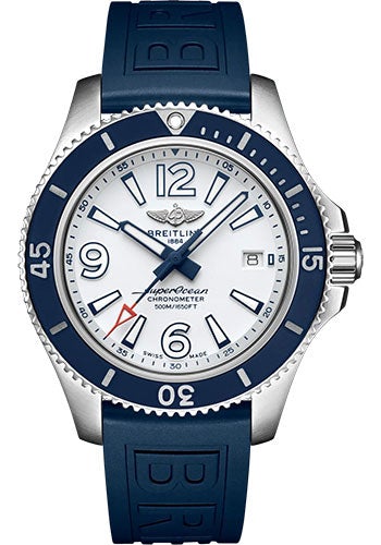 Breitling Superocean Automatic 42 Watch - Stainless Steel - White Dial - Blue Rubber Strap - Folding Buckle - A17366D81A1S2 - Luxury Time NYC