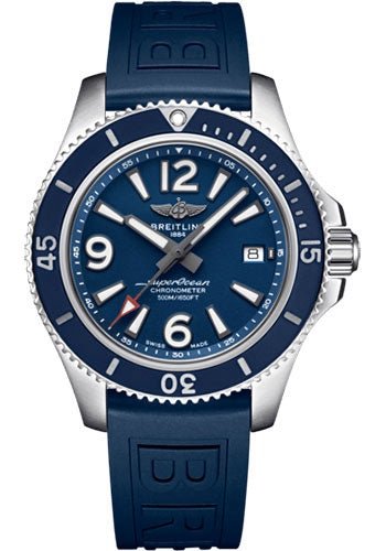 Breitling Superocean Automatic 42 Watch - Steel - Blue Dial - Blue Diver Pro III Strap - Folding Buckle - A17366D81C1S2 - Luxury Time NYC