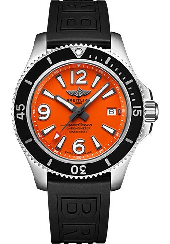 Breitling Superocean Automatic 42 Watch - Steel - Orange Dial - Black Diver Pro III Strap - Tang Buckle - A17366D71O1S1 - Luxury Time NYC