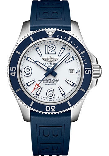 Breitling Superocean Automatic 42 Watch - Steel - White Dial - Blue Diver Pro III Strap - Tang Buckle - A17366D81A1S1 - Luxury Time NYC
