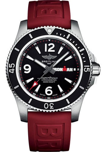 Breitling Superocean Automatic 44 Ironman Limited Edition Watch - Stainless Steel - Black Dial - Red Rubber Strap - Tang Buckle Limited Edition of 300 - A17371A11B1S1 - Luxury Time NYC