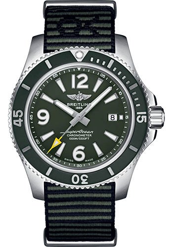 Breitling Superocean Automatic 44 Outerknown Watch - Stainless Steel - Green Dial - Khaki Green Econyl® Yarn Strap - Tang Buckle - A17367A11L1W1 - Luxury Time NYC