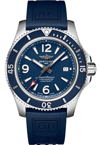 Breitling Superocean Automatic 44 Watch - Stainless Steel - Blue Dial - Blue Rubber Strap - Folding Buckle - A17367D81C1S2 - Luxury Time NYC