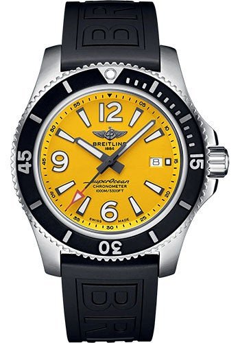 Breitling Superocean Automatic 44 Watch - Stainless Steel - Yellow Dial - Black Rubber Strap - Folding Buckle - A17367021I1S2 - Luxury Time NYC