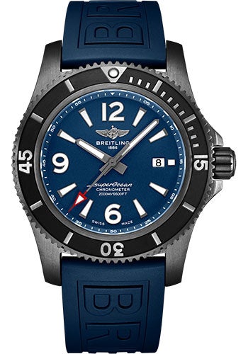 Breitling Superocean Automatic 46 Black Steel Watch - Black steel - Blue Dial - Blue Rubber Strap - Folding Buckle - M17368D71C1S2 - Luxury Time NYC