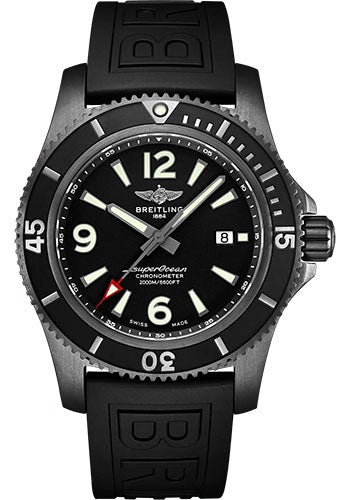 Breitling Superocean Automatic 46 Black Steel Watch - DLC-Coated Stainless Steel - Black Dial - Black Rubber Strap - Folding Buckle - M17368B71B1S2 - Luxury Time NYC