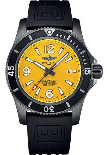 Breitling Superocean Automatic 46 Black Steel Watch - DLC-Coated Stainless Steel - Yellow Dial - Black Rubber Strap - Folding Buckle - M17368D71I1S2 - Luxury Time NYC