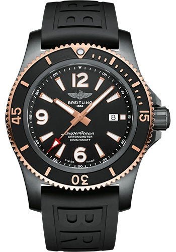 Breitling Superocean Automatic 46 Black Steel Watch - DLC-Coated Steel and 18K Red Gold - Black Dial - Black Rubber Strap - Tang Buckle - U17368221B1S1 - Luxury Time NYC