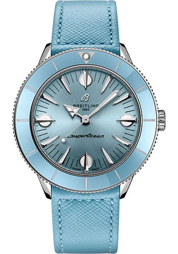 Breitling Superocean Heritage ‚Äô57 Pastel Paradise Watch - Stainless Steel - Aquamarine Dial - Aquamarine Calfskin Leather Strap - Folding Buckle - A10340161C1X1 - Luxury Time NYC