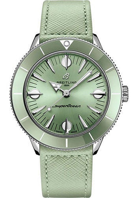 Breitling Superocean Heritage ‚Äô57 Pastel Paradise Watch - Stainless Steel - Mint Green Dial - Mint Green Calfskin Leather Strap - Folding Buckle - A10340361L1X1 - Luxury Time NYC