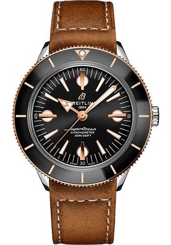Breitling Superocean Heritage '57 Watch - Steel and 18K Red Gold - Black Dial - Brown Calfskin Leather Strap - Folding Buckle - U10370121B1X2 - Luxury Time NYC