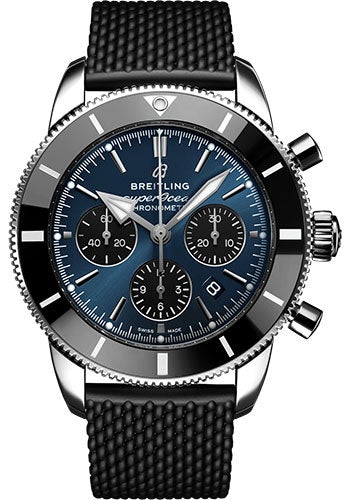 Breitling Superocean Heritage B01 Chronograph 44 Watch - Steel - Blackeye Blue Dial - Black Rubber Aero Classic Strap - Folding Buckle - AB0162121C1S1 - Luxury Time NYC