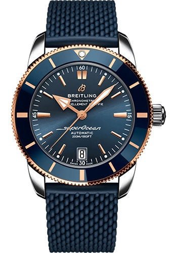Breitling Superocean Heritage B20 Automatic 42 Watch - Steel and 18K Red Gold - Blue Dial - Blue Rubber Strap - Folding Buckle - UB2010161C1S1 - Luxury Time NYC