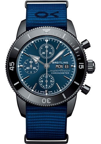 Breitling Superocean Heritage Chronograph 44 Outerknown Watch - Black steel - Blue Dial - Taffetas Dark Blue Nato Strap - Tang Buckle - M133132A1C1W1 - Luxury Time NYC