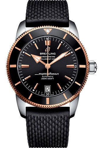 Breitling Superocean Heritage II B20 Automatic 42 Watch - Steel and Red Gold Case - Black Dial - Black Rubber Aero Classic Strap - UB2010121B1S1 - Luxury Time NYC