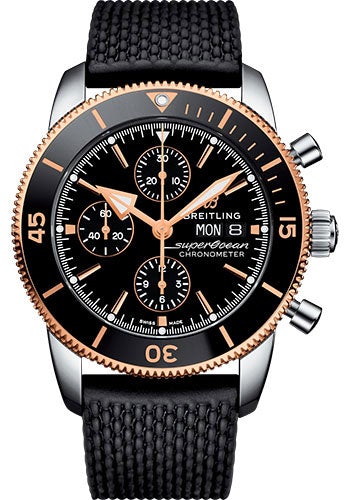 Breitling Superocean Heritage II Chronograph 44 Watch - Steel and Rose Gold Case - Volcano Black Dial - Black Rubber Aero Classic Strap - U13313121B1S1 - Luxury Time NYC