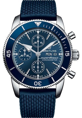 Breitling Superocean Heritage II Chronograph 44 Watch - Steel Case - Blue Dial - Blue Rubber Aero Classic Strap - A13313161C1S1 - Luxury Time NYC