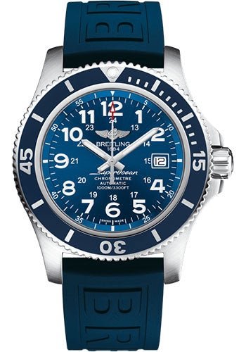 Breitling Superocean II 44 Watch - Steel - Gun Blue Dial - Blue Rubber Strap - Folding Buckle - A17392D81C1S2 - Luxury Time NYC