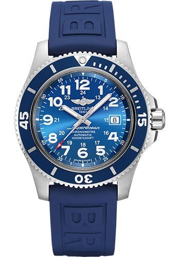 Breitling Superocean II 44 Watch - Steel - Gun Blue Dial - Blue Rubber Strap - Tang Buckle - A17392D81C1S1 - Luxury Time NYC