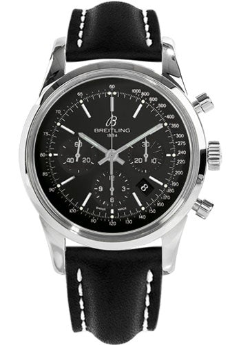 Breitling Transocean 01 Chronograph Watch - 43mm Steel Case - Black Dial - Black Leather Strap - AB015212/BA99/436X/A20D.1 - Luxury Time NYC