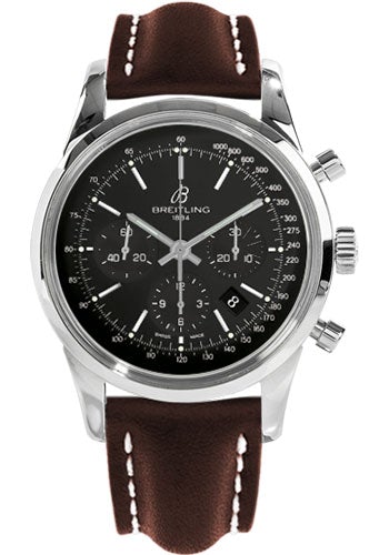 Breitling Transocean 01 Chronograph Watch - 43mm Steel Case - Black Dial - Brown Leather Strap - AB015212/BA99/438X/A20D.1 - Luxury Time NYC