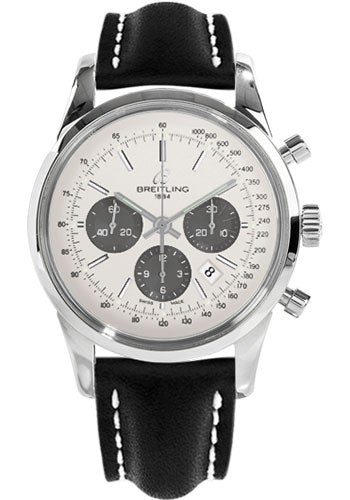 Breitling Transocean 01 Chronograph Watch - 43mm Steel Case - Mercury Silver Dial - Black Leather Strap - AB015212/G724/436X/A20D.1 - Luxury Time NYC