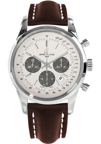 Breitling Transocean 01 Chronograph Watch - 43mm Steel Case - Mercury Silver Dial - Brown Leather Strap - AB015212/G724/438X/A20D.1 - Luxury Time NYC