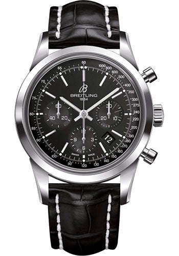 Breitling Transocean Chronograph Watch - Steel - Black Dial - Black Croco Strap - Tang Buckle - AB015212/BA99/743P/A20BA.1 - Luxury Time NYC
