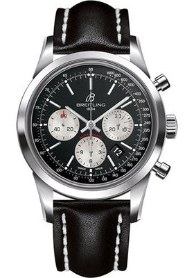 Breitling Transocean Chronograph Watch - Steel - Black Dial - Black Leather Strap - Folding Buckle - AB015212/BF26/436X/A20D.1 - Luxury Time NYC