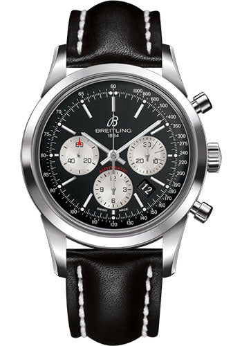 Breitling Transocean Chronograph Watch - Steel - Black Dial - Black Leather Strap - Tang Buckle - AB015212/BF26/435X/A20BA.1 - Luxury Time NYC