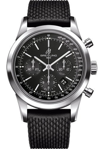 Breitling Transocean Chronograph Watch - Steel - Black Dial - Black Rubber Aero Classic Strap - Folding Buckle - AB015212/BA99/279S/A20D.2 - Luxury Time NYC
