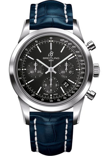 Breitling Transocean Chronograph Watch - Steel - Black Dial - Blue Croco Strap - Tang Buckle - AB015212/BA99/731P/A20BA.1 - Luxury Time NYC
