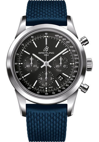 Breitling Transocean Chronograph Watch - Steel - Black Dial - Blue Rubber Aero Classic Strap - Folding Buckle - AB015212/BA99/281S/A20D.2 - Luxury Time NYC