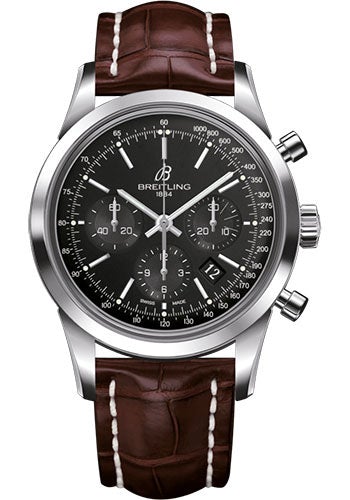 Breitling Transocean Chronograph Watch - Steel - Black Dial - Brown Croco Strap - Folding Buckle - AB015212/BA99/740P/A20D.1 - Luxury Time NYC