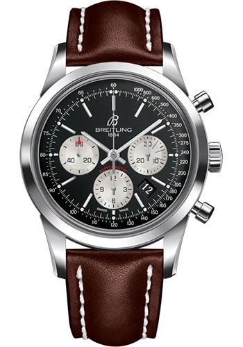Breitling Transocean Chronograph Watch - Steel - Black Dial - Brown Leather Strap - Folding Buckle - AB015212/BF26/438X/A20D.1 - Luxury Time NYC